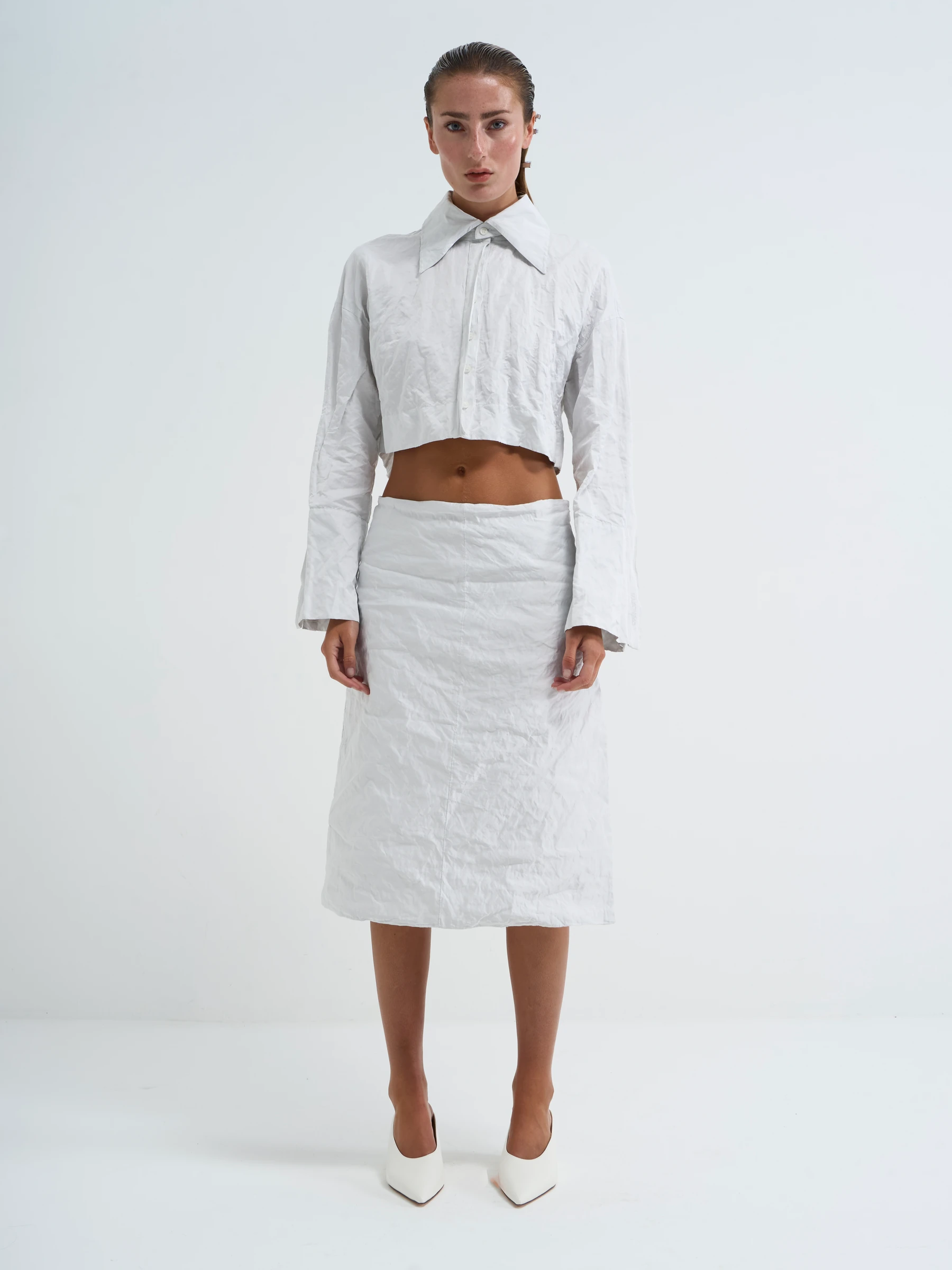 White cropped shirt in Palimpsest, front view