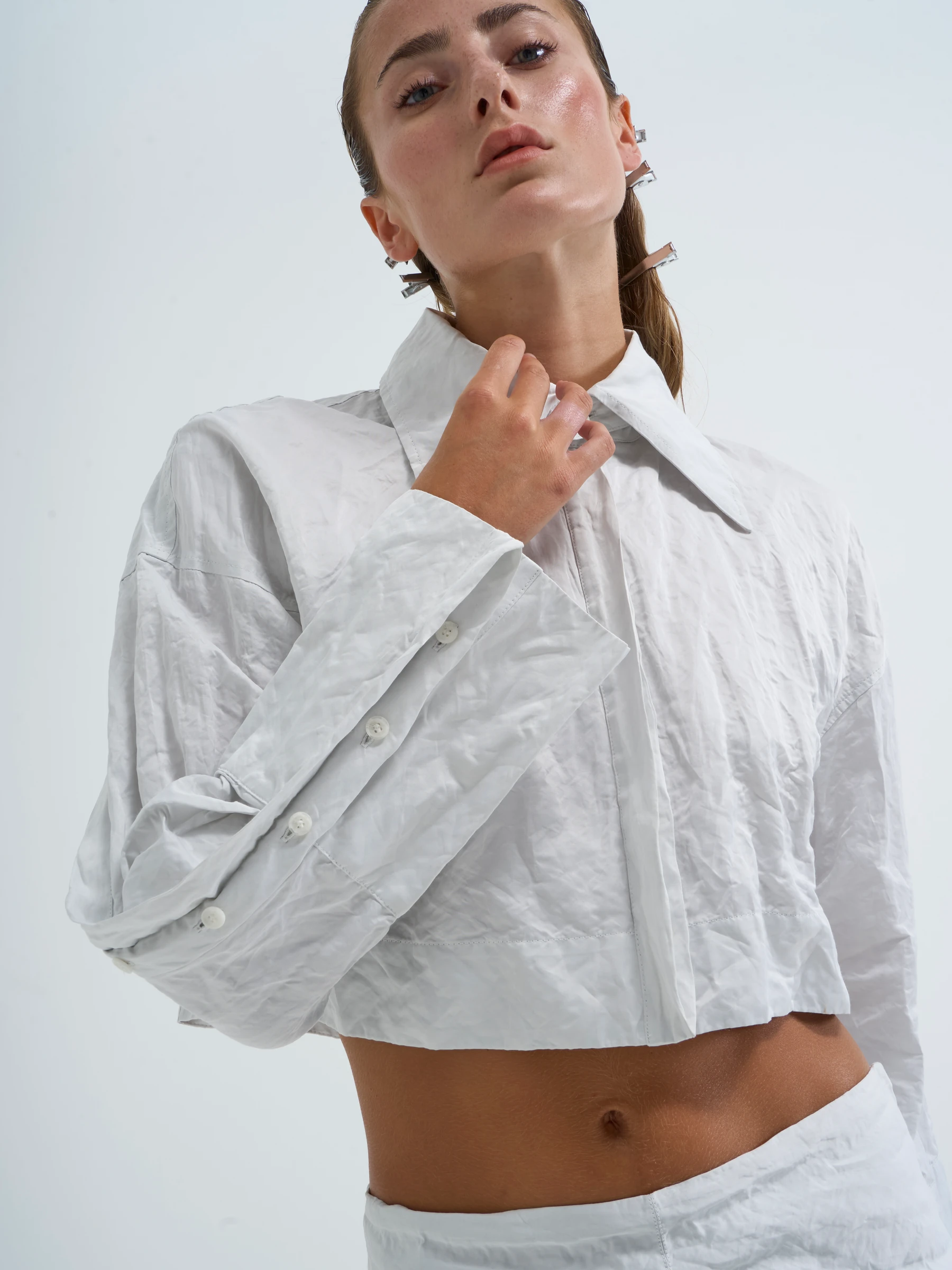 White cropped shirt in Palimpsest, front view