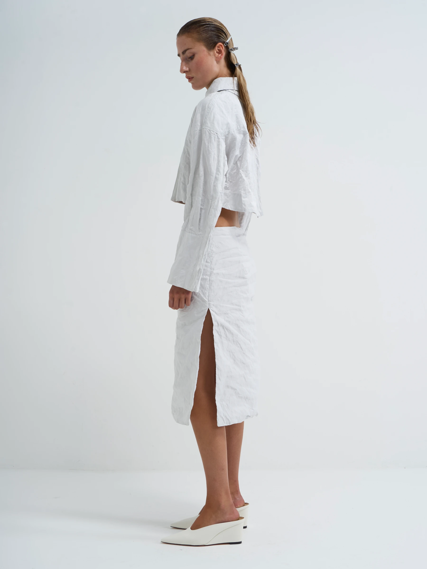 White cropped shirt in Palimpsest, side view