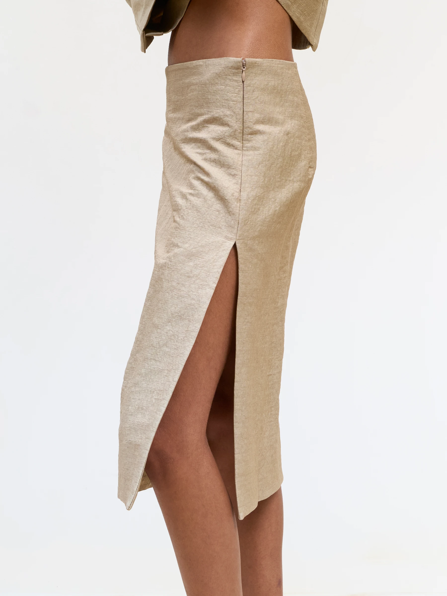 Beige pencil midi skirt in Foxing, side view