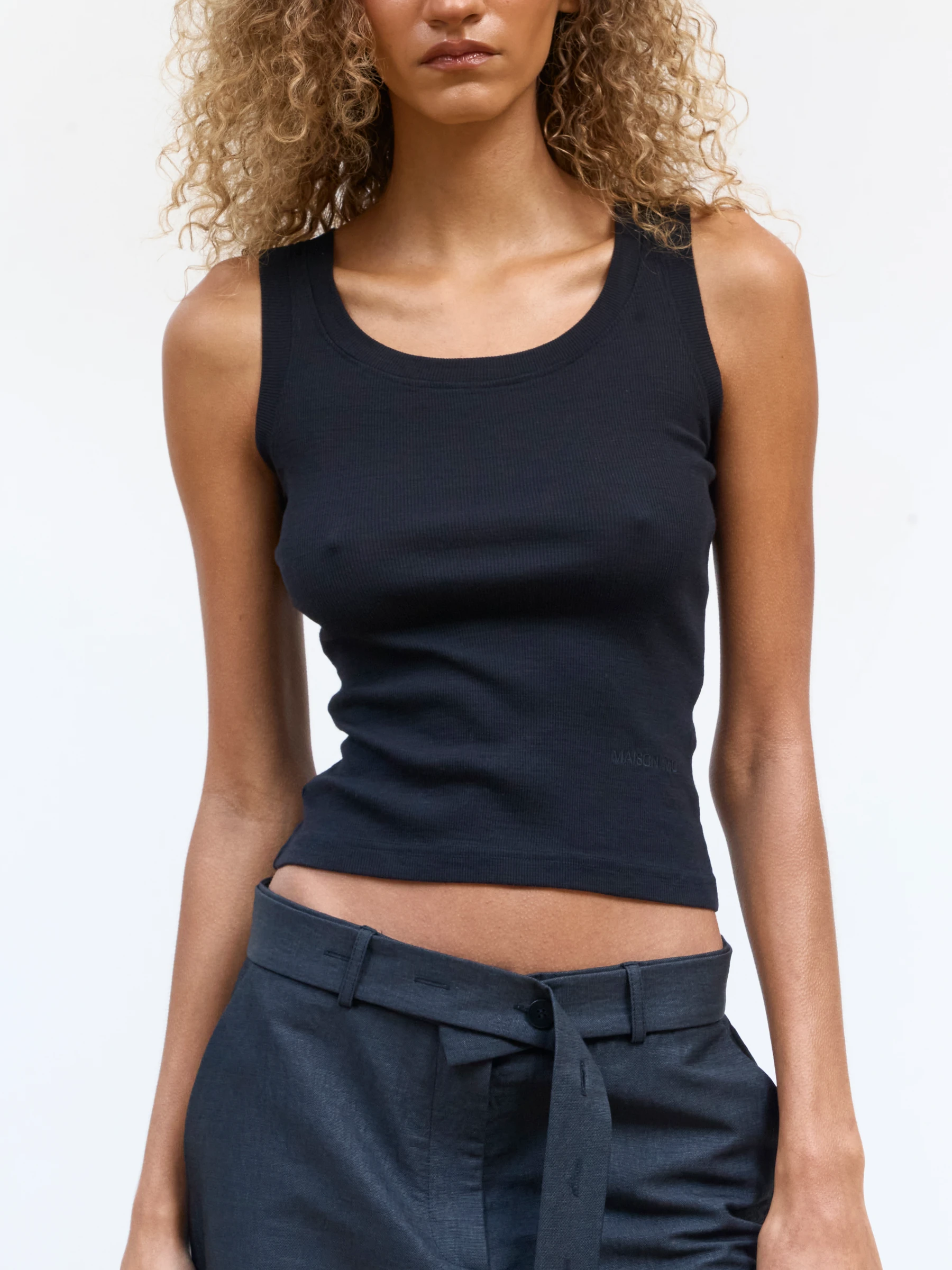 Black fitted tank top in Gorgonian Black, front view