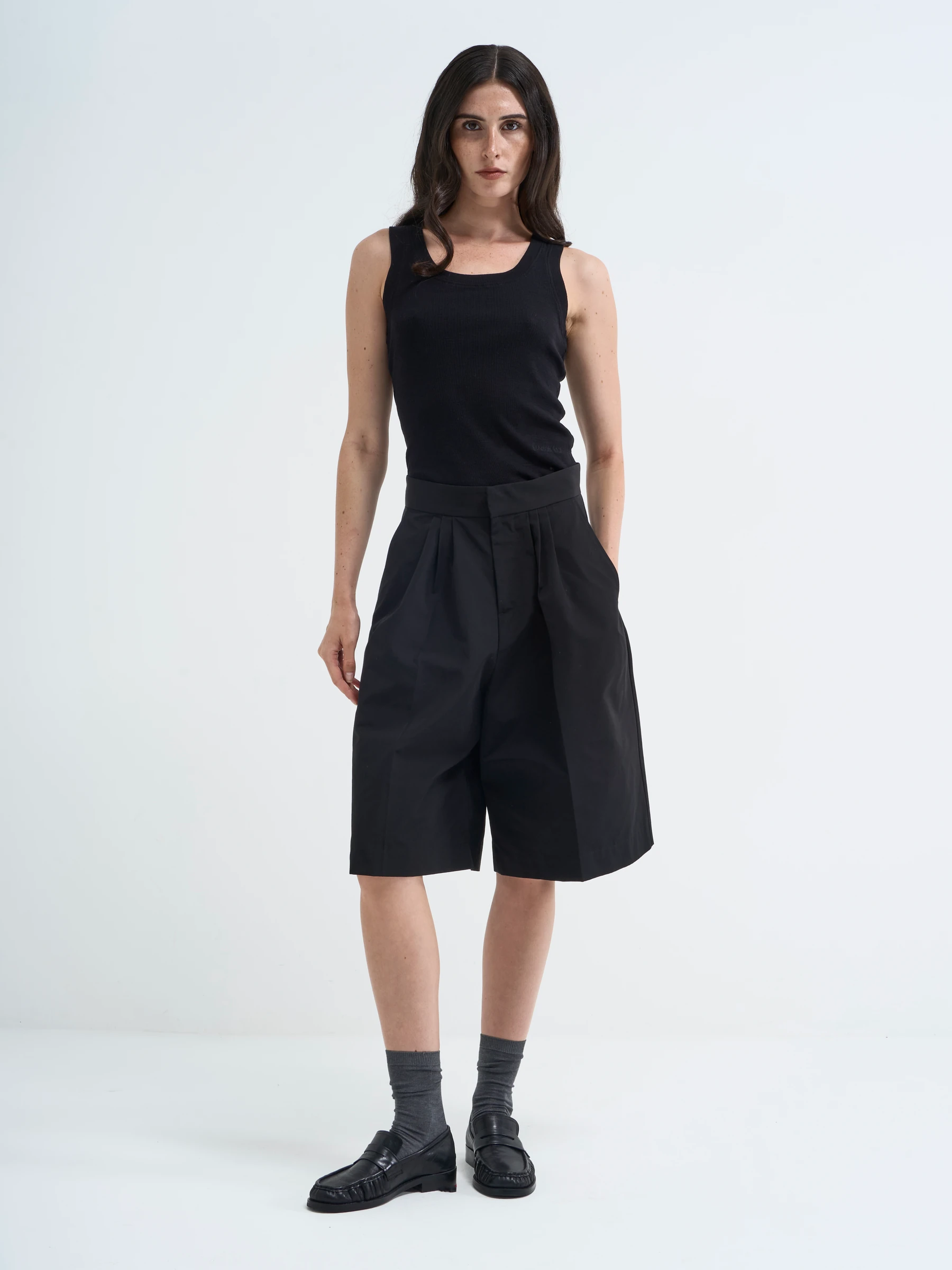Black fitted tank top in Gorgonian Black, front view
