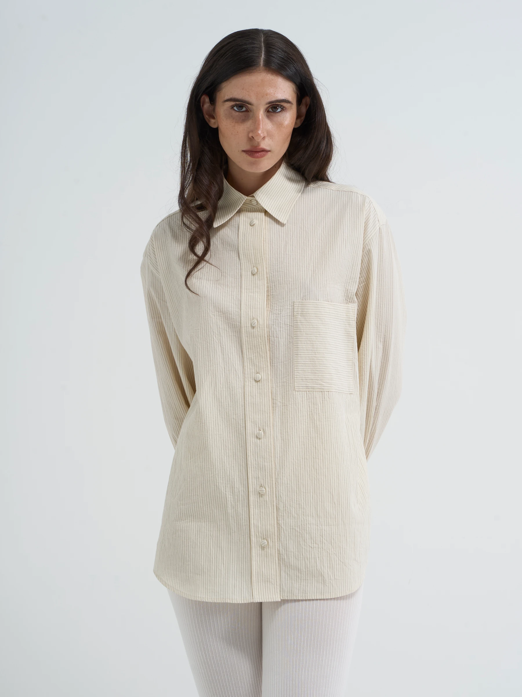 Cream striped shirt in Imprint, front view