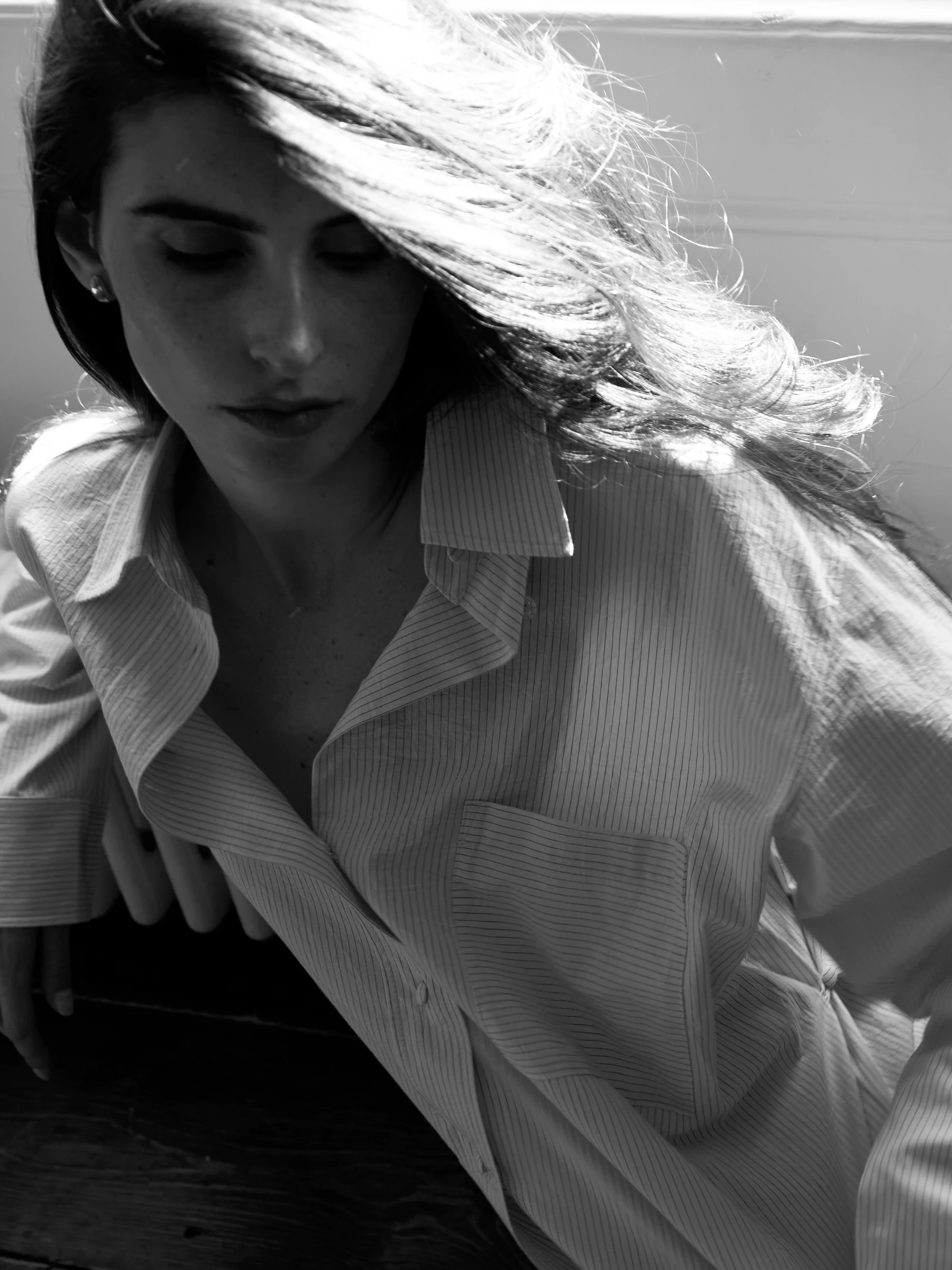 Cream striped shirt in Imprint, three-quarter view