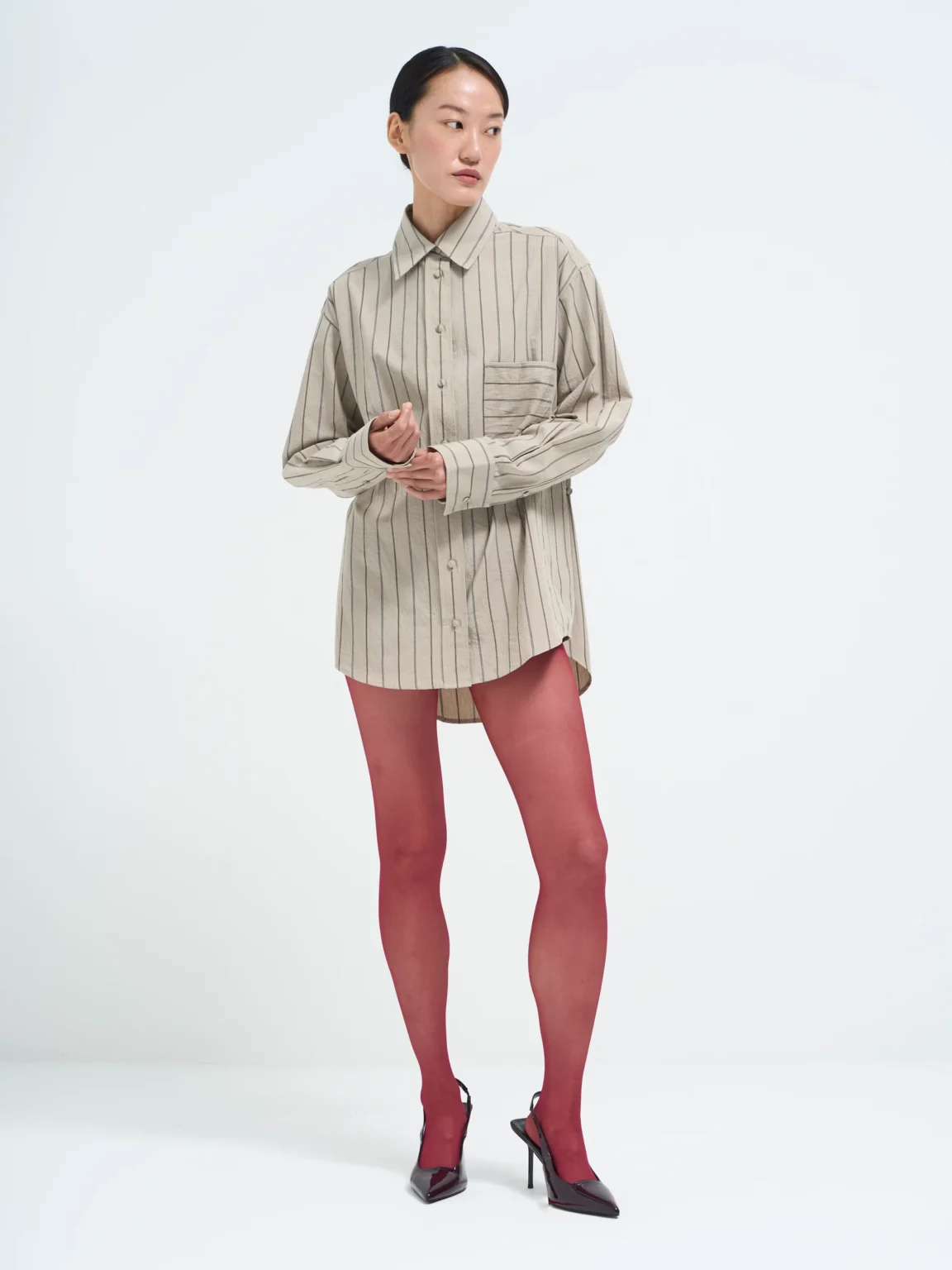 Beige striped shirt in Nicotine, front view