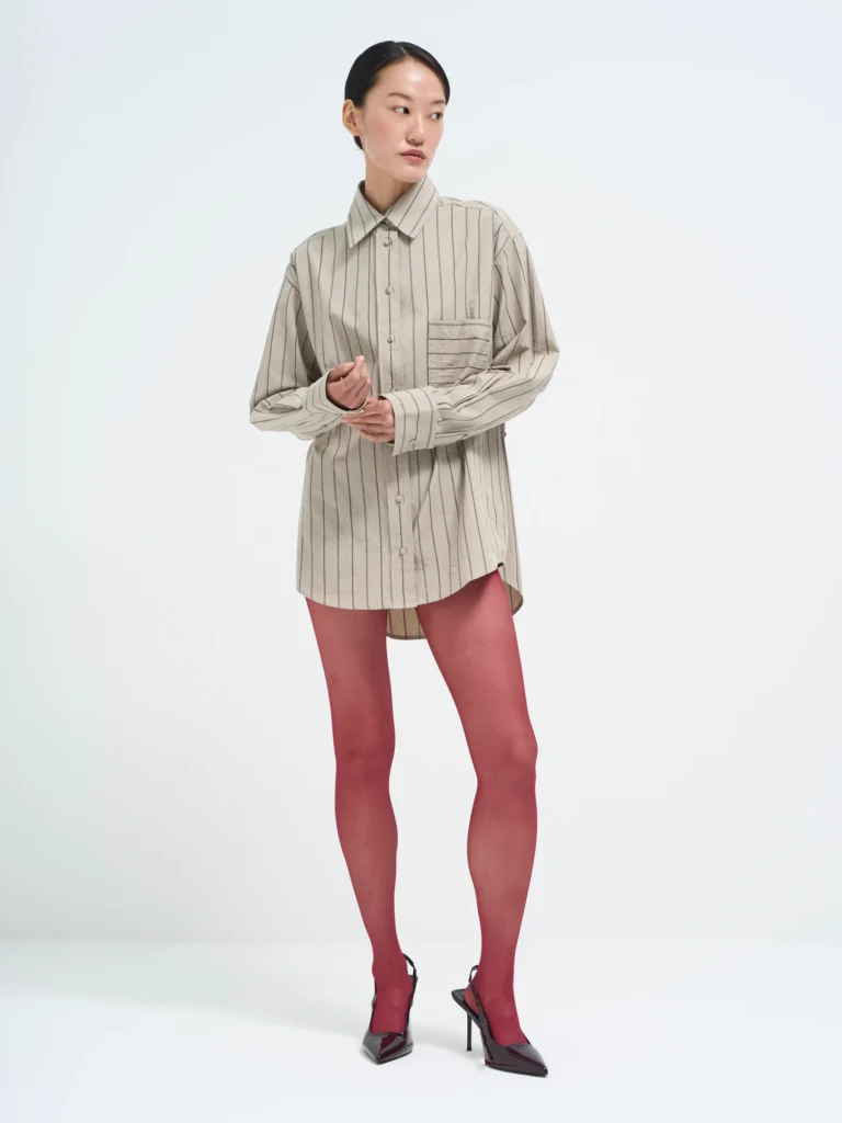 Beige striped shirt in Nicotine, front view