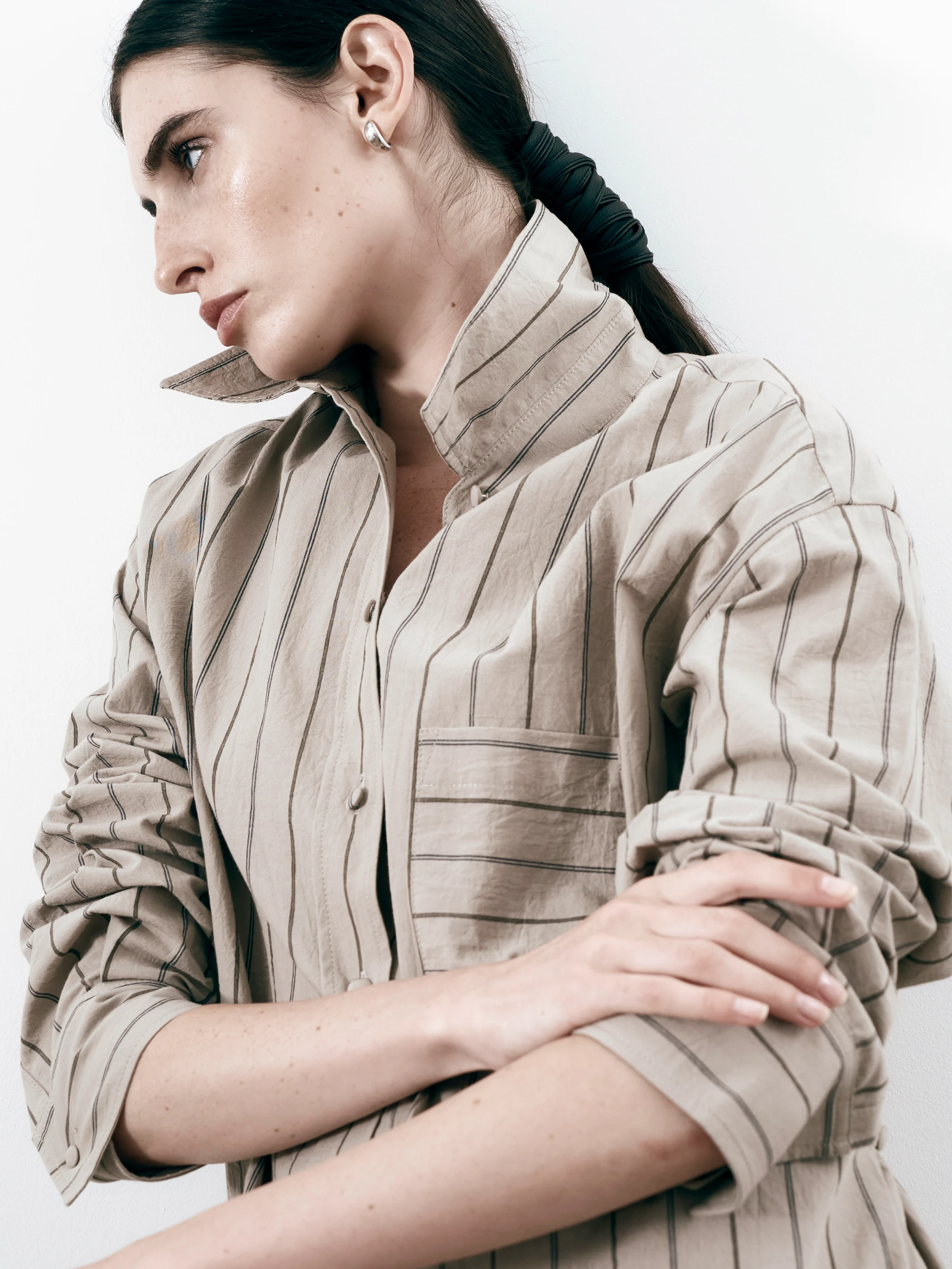 Beige striped shirt in Nicotine, side view