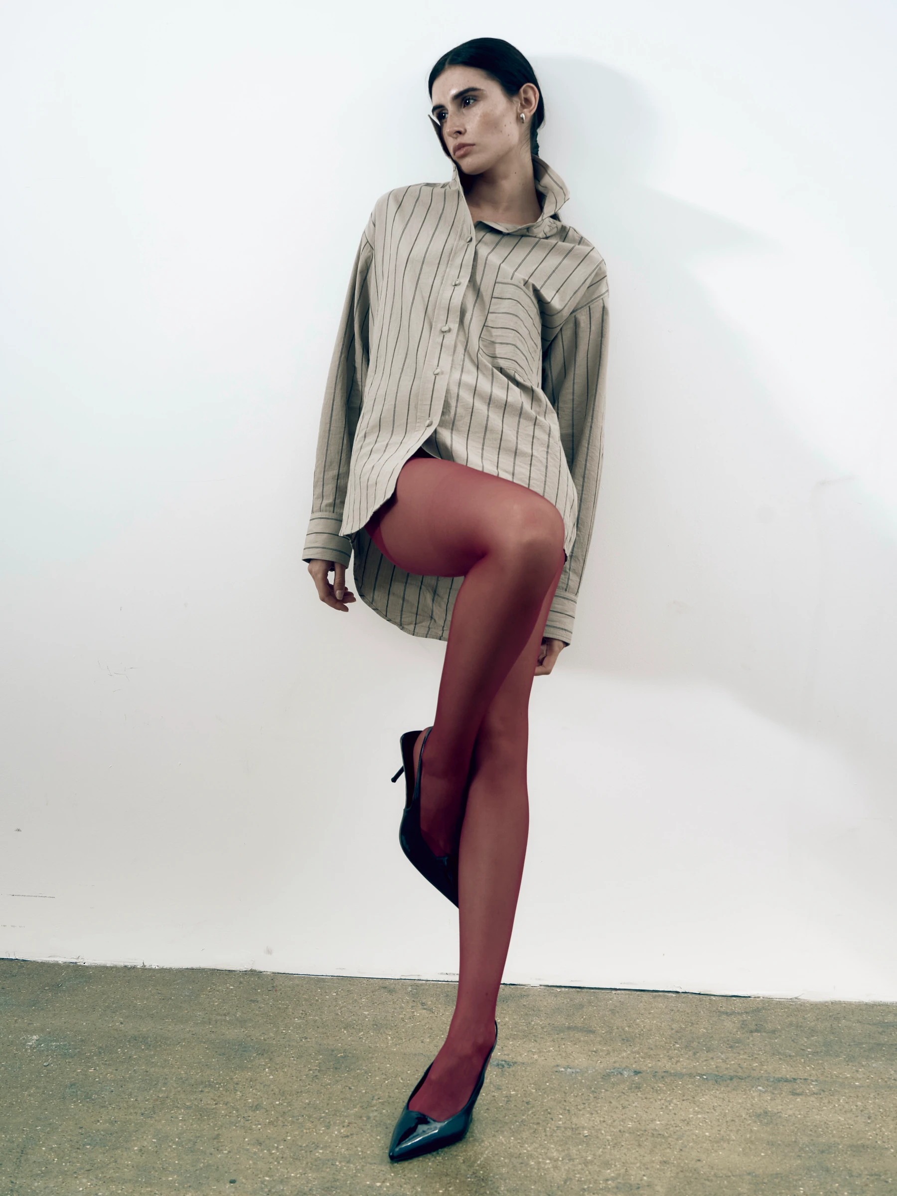 Beige striped shirt in Nicotine, three-quarter view