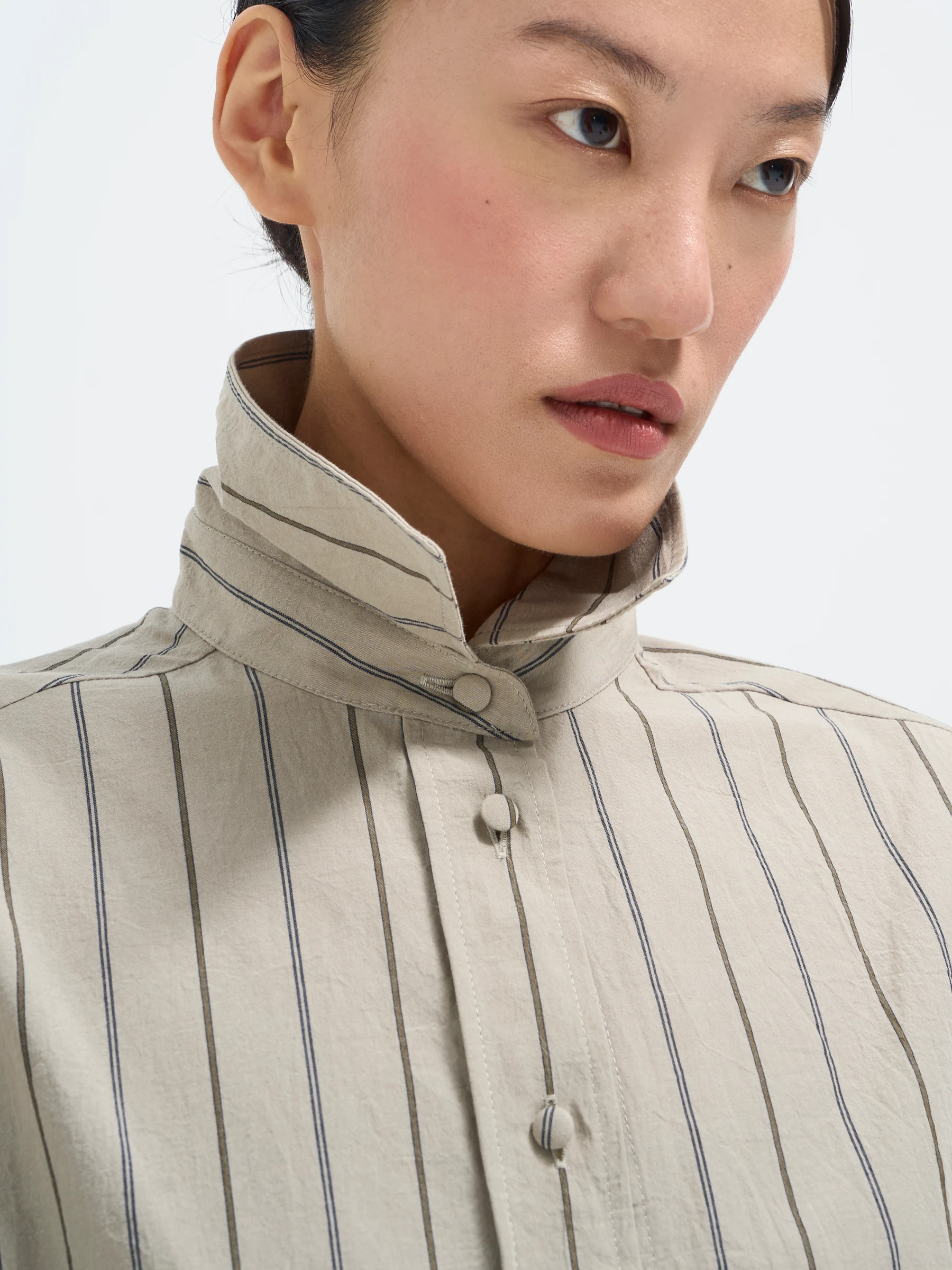 Beige striped shirt in Nicotine, three-quarter view
