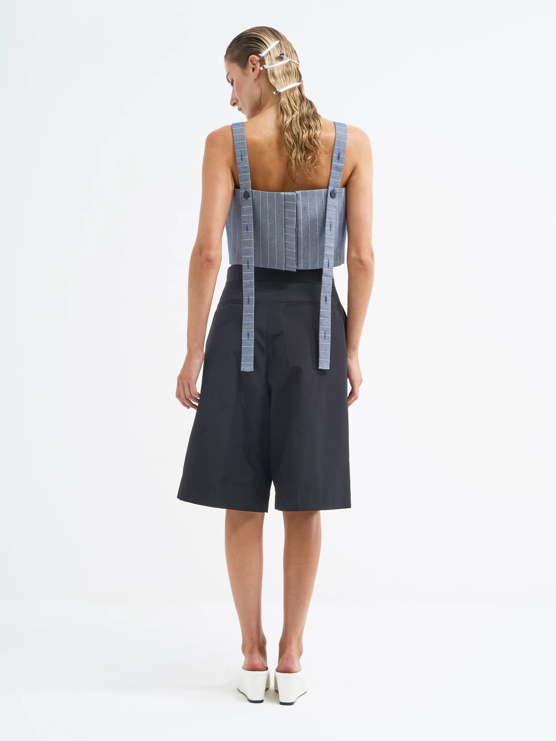 Blue square neck tank top in Faded Ink, back view