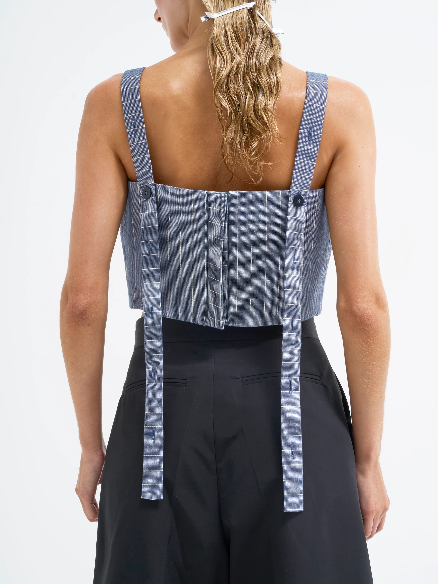 Blue square neck tank top in Faded Ink, back view