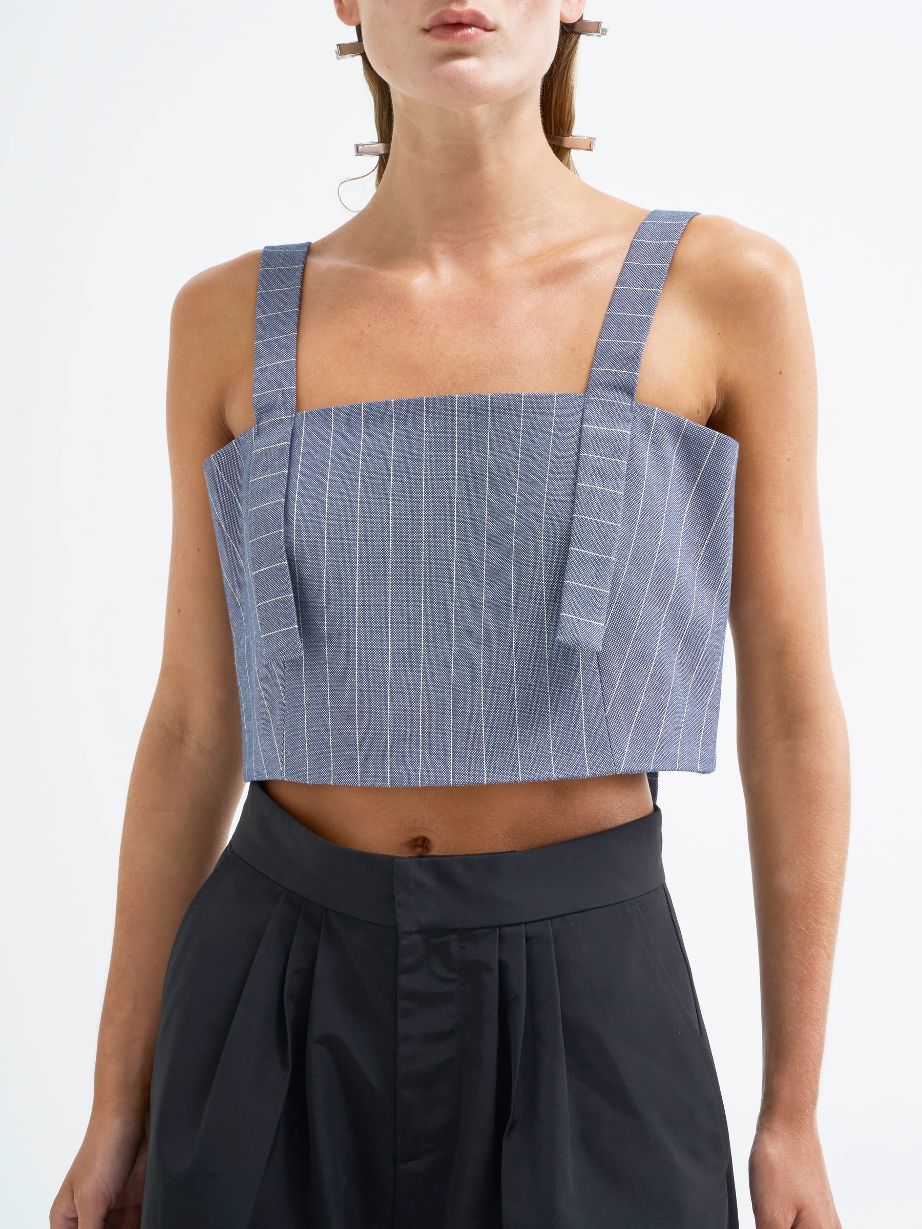 Blue square neck tank top in Faded Ink, front view