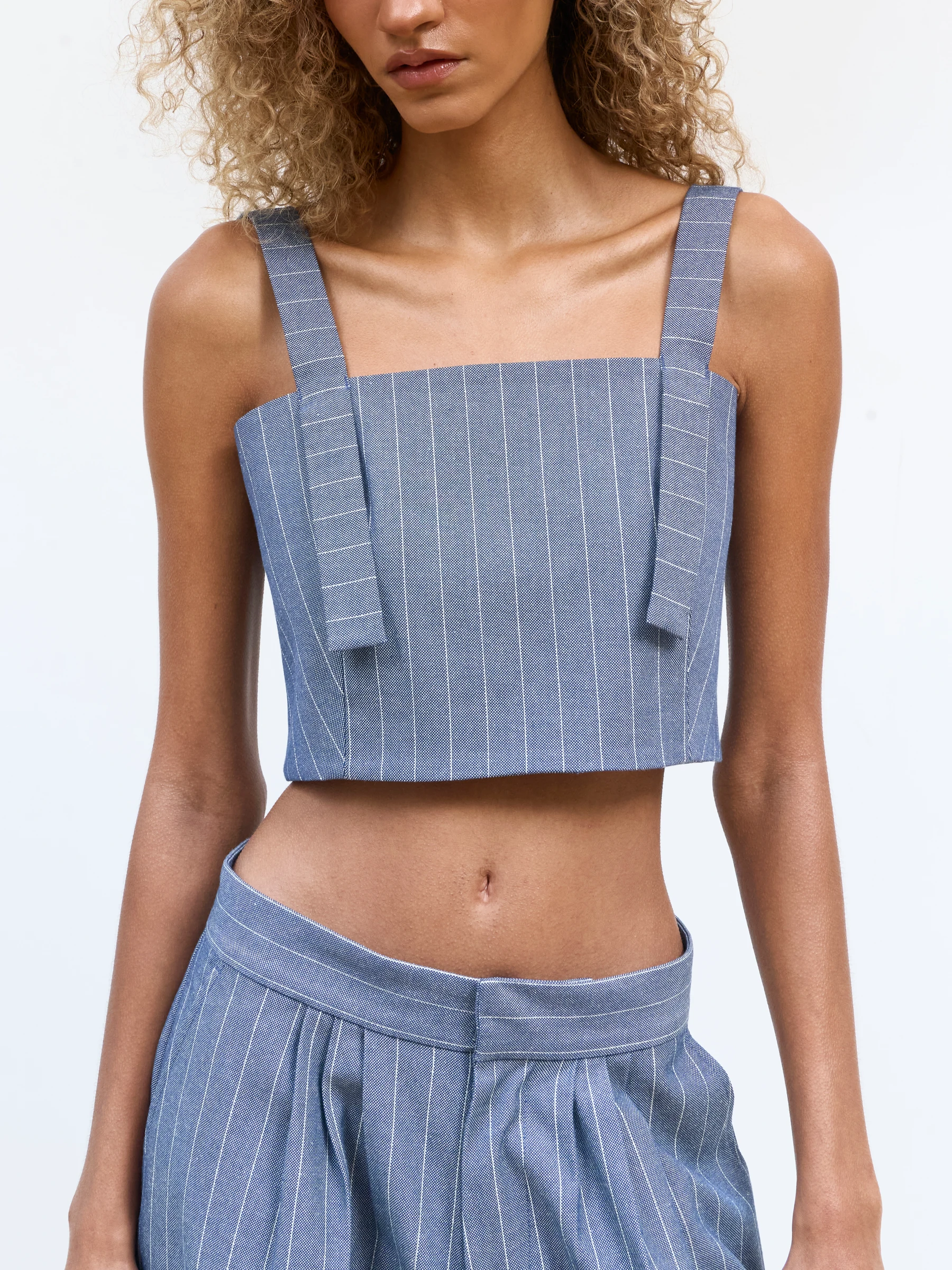 Blue square neck tank top in Faded Ink, front view