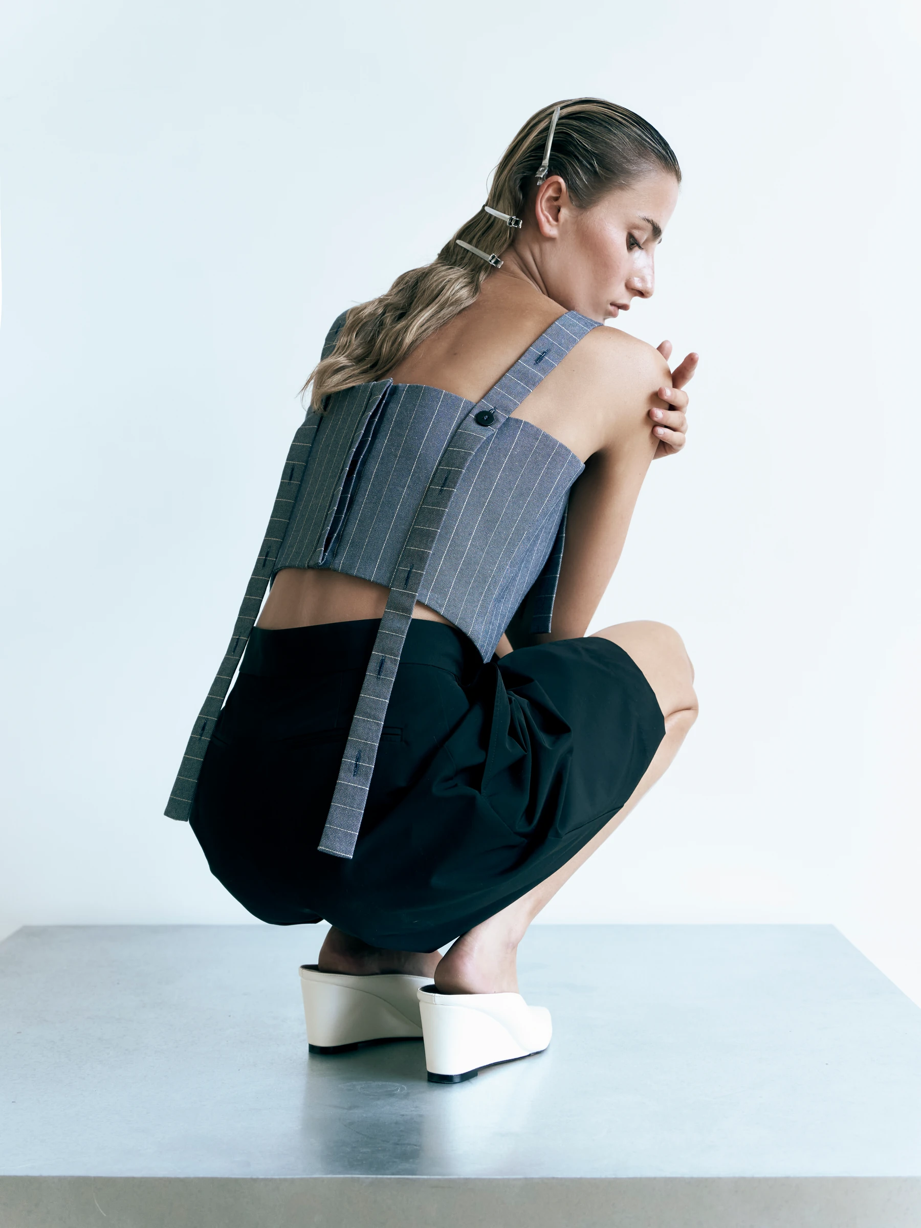 Blue square neck tank top in Faded Ink, side view