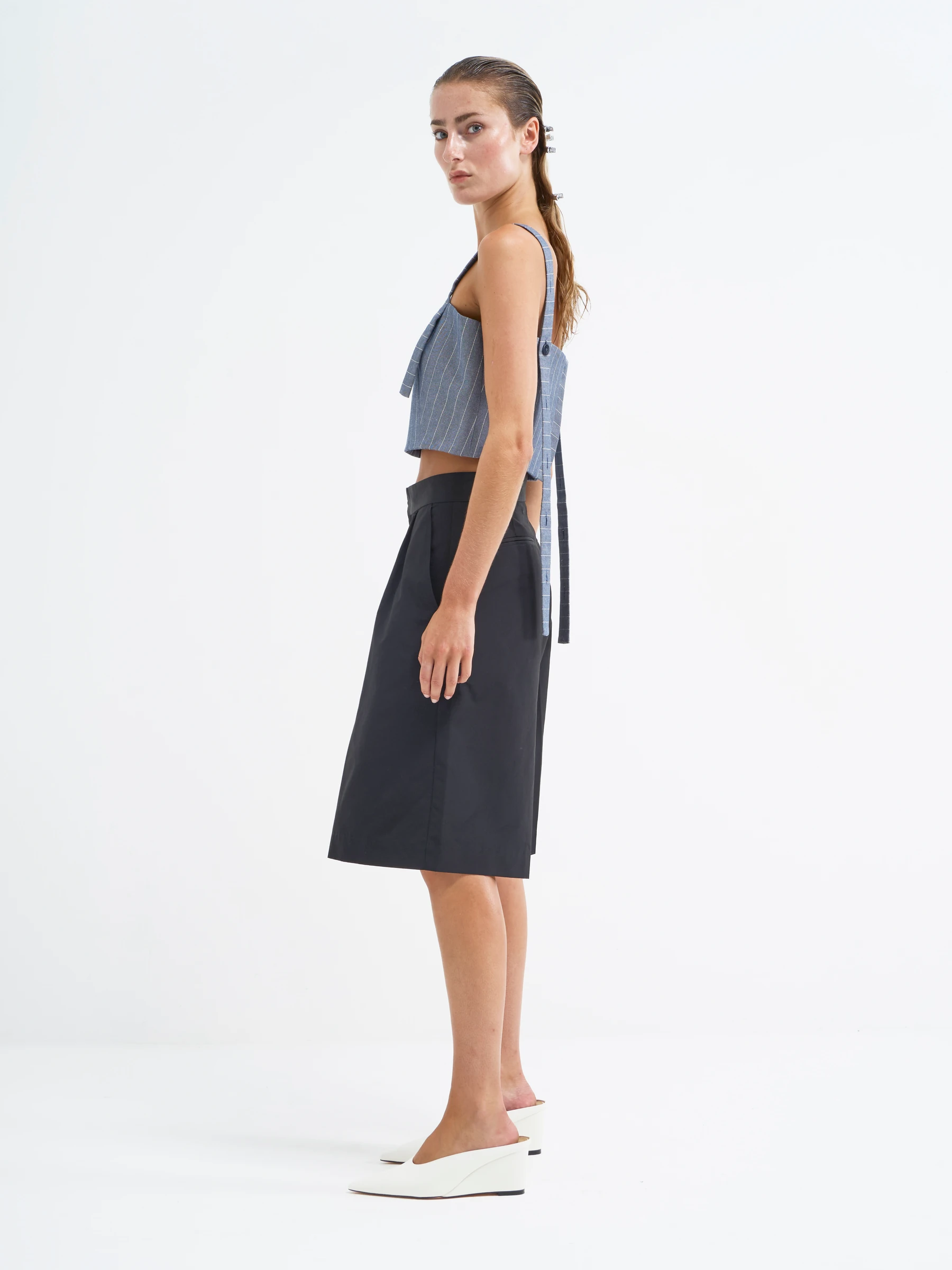 Blue square neck tank top in Faded Ink, side view