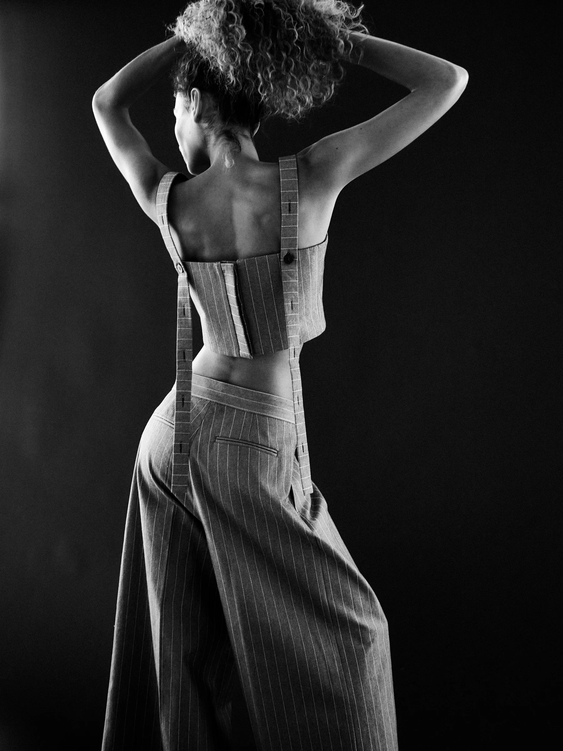Blue pinstripe pants in Faded Ink, back view