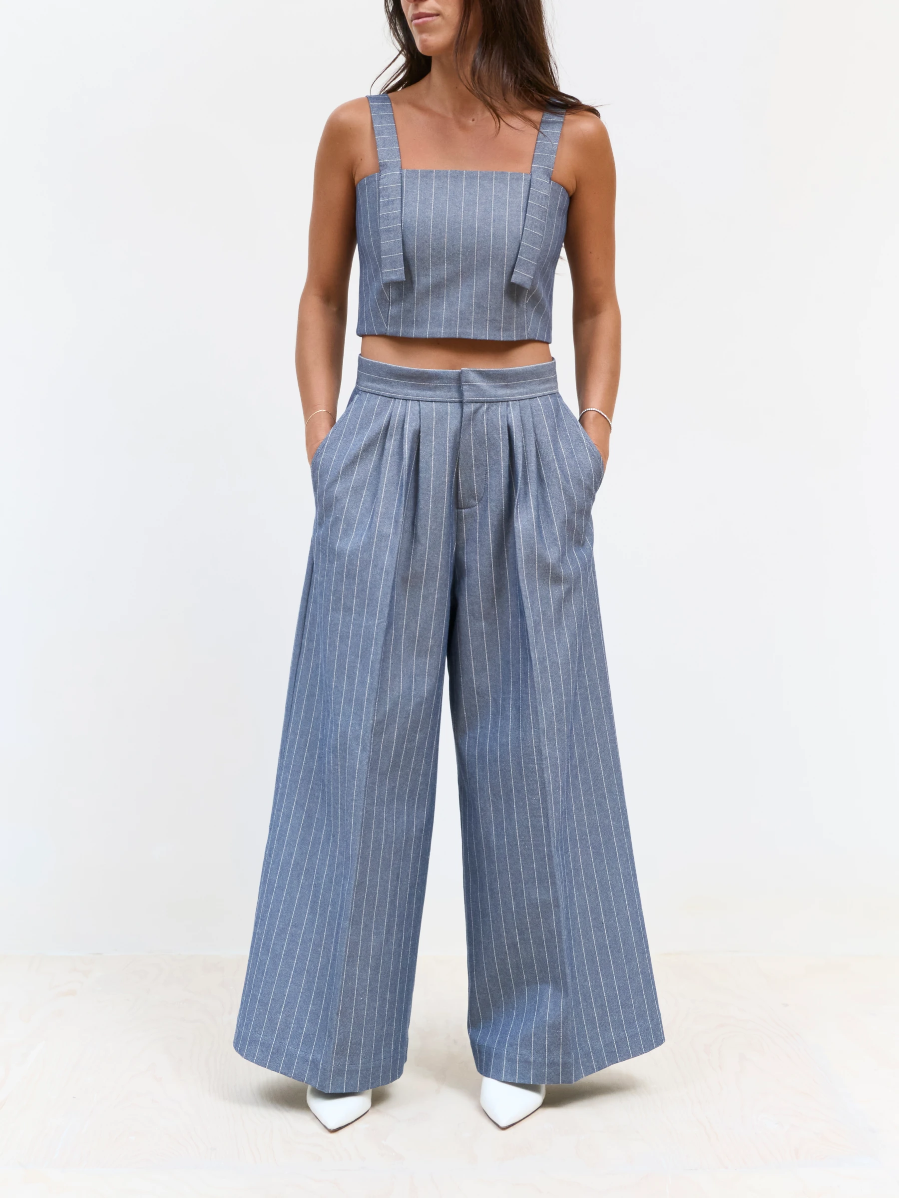 Blue pinstripe pants in Faded Ink, front view