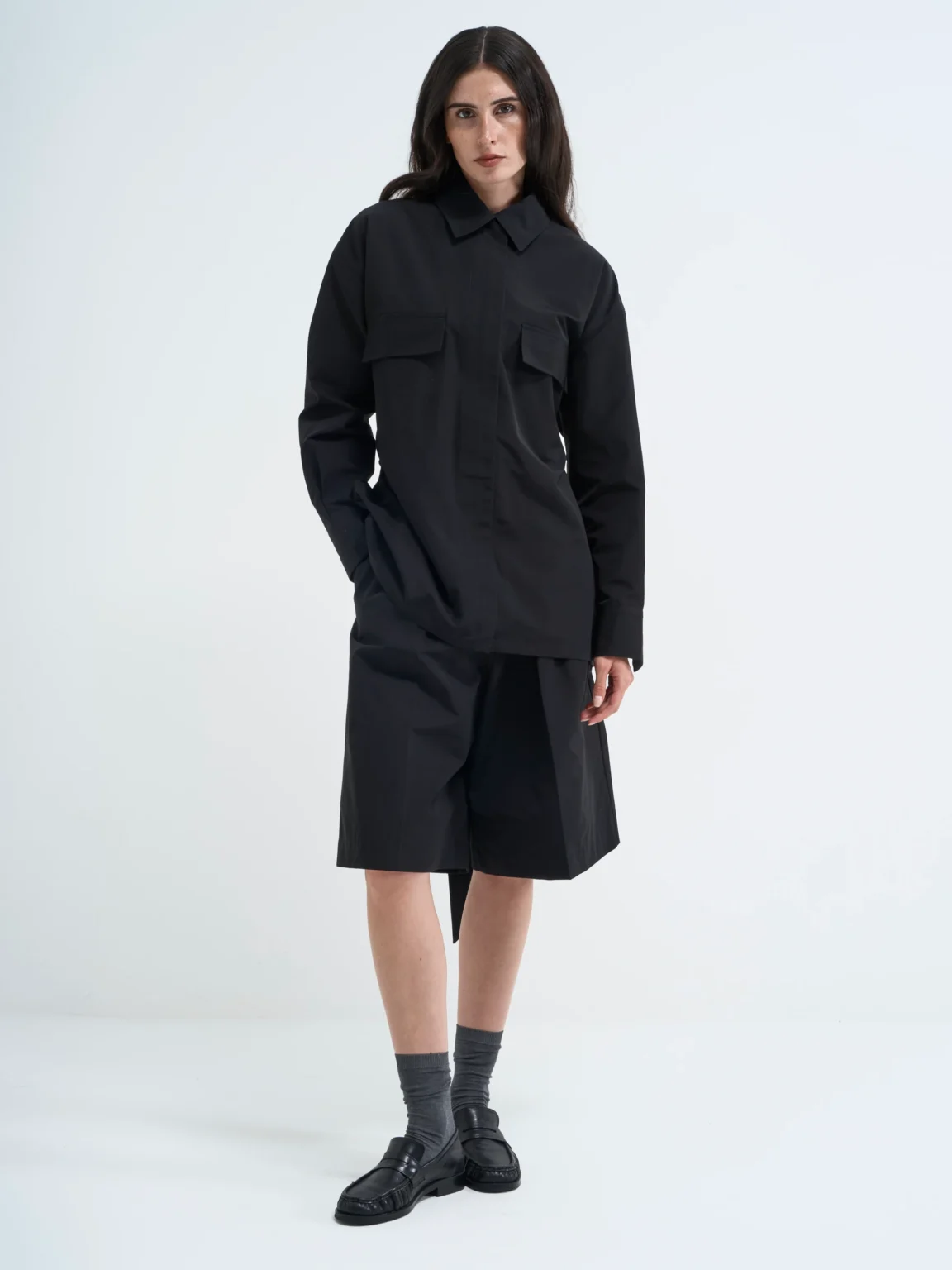 Black shirt jacket in Carbon, front view