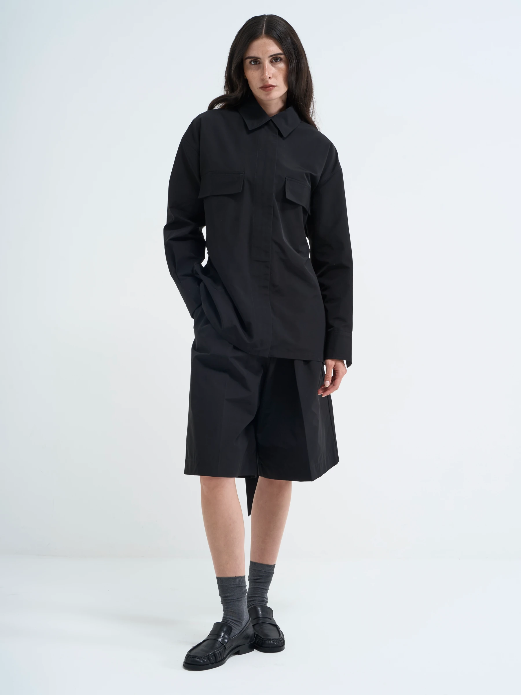 Black shirt jacket in Carbon, front view