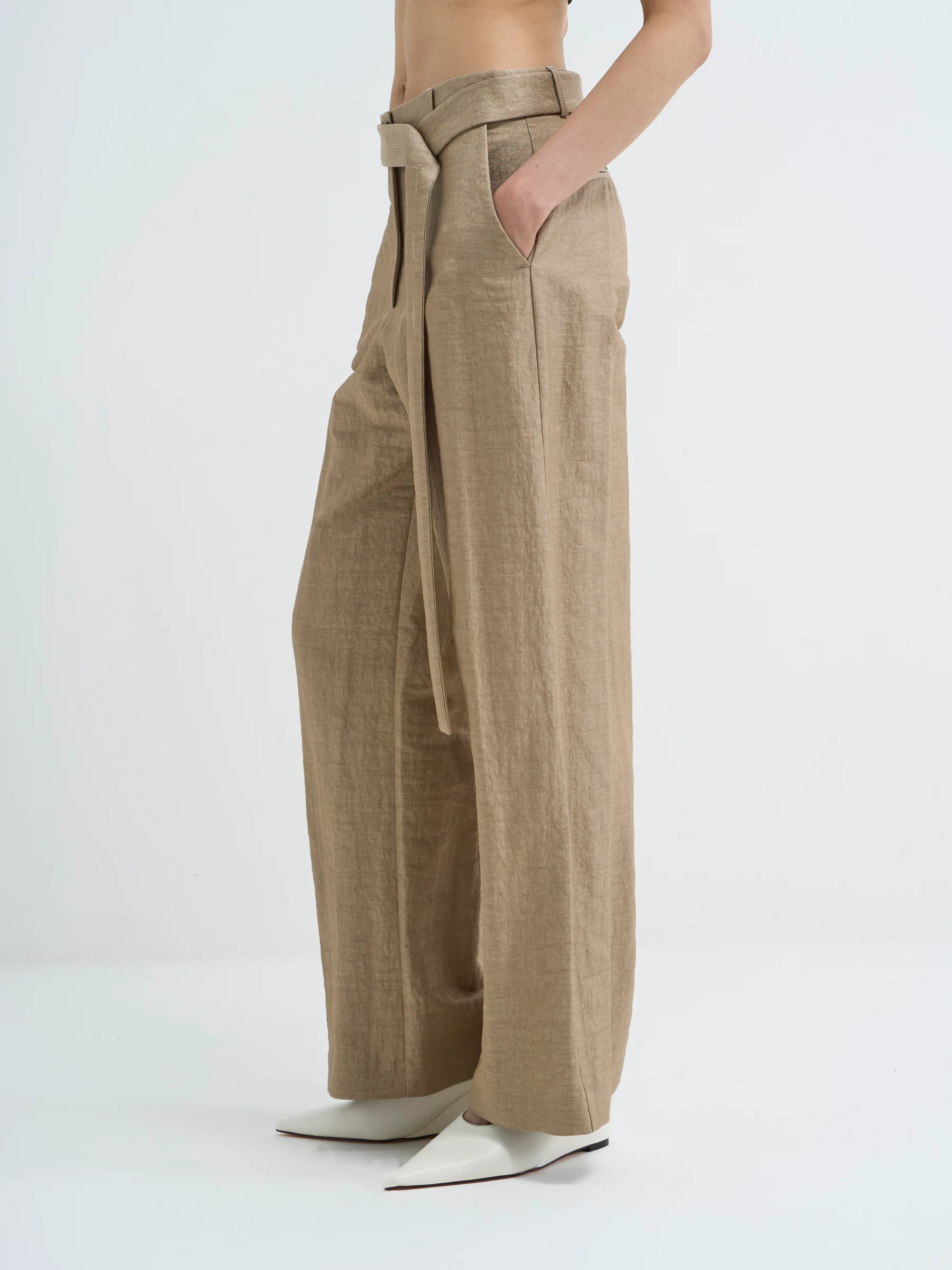 Beige wide leg trousers in Foxing, side view